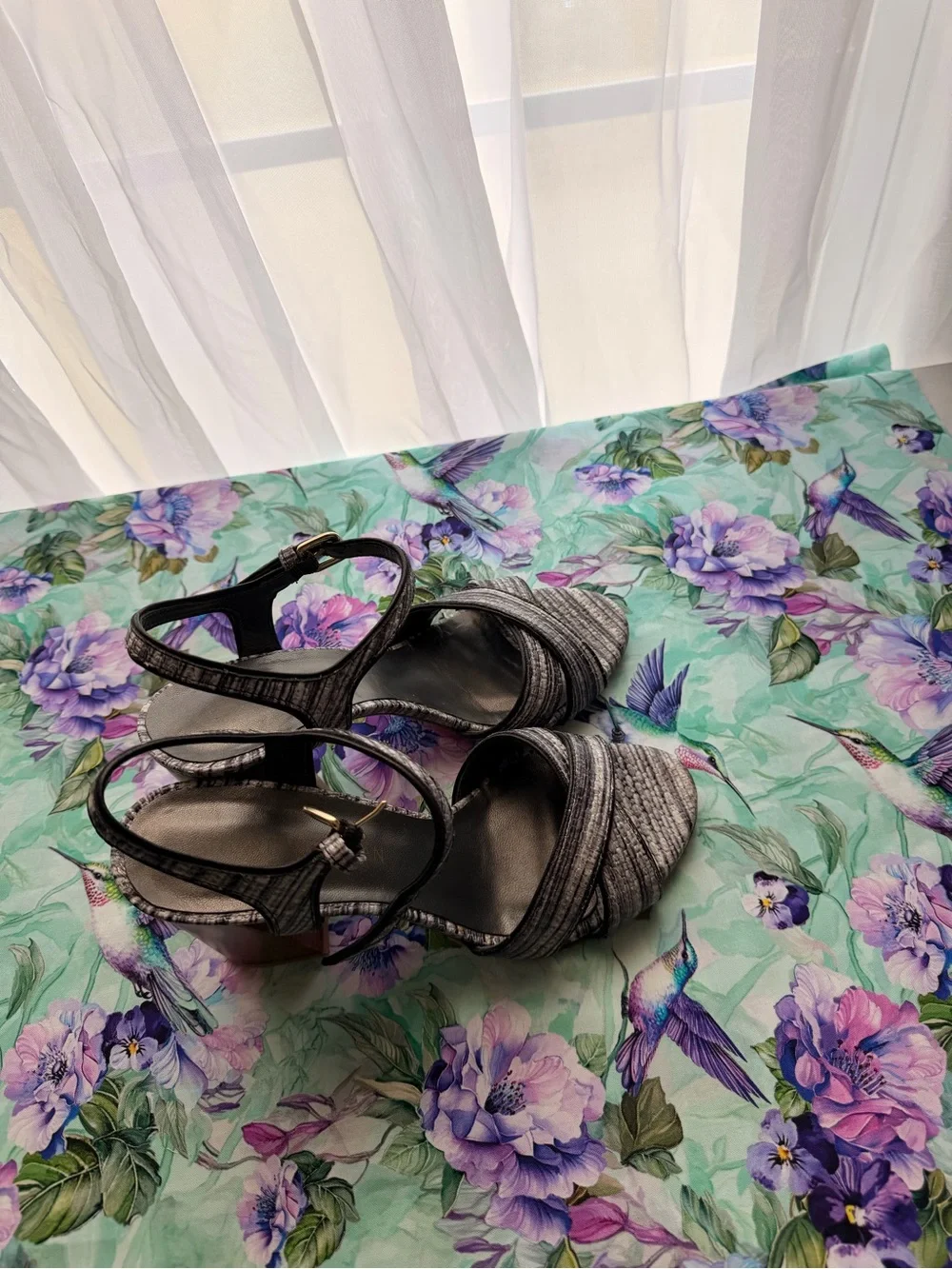 Stuart Weitzman Gray Textured Strappy Block Heel Sandals